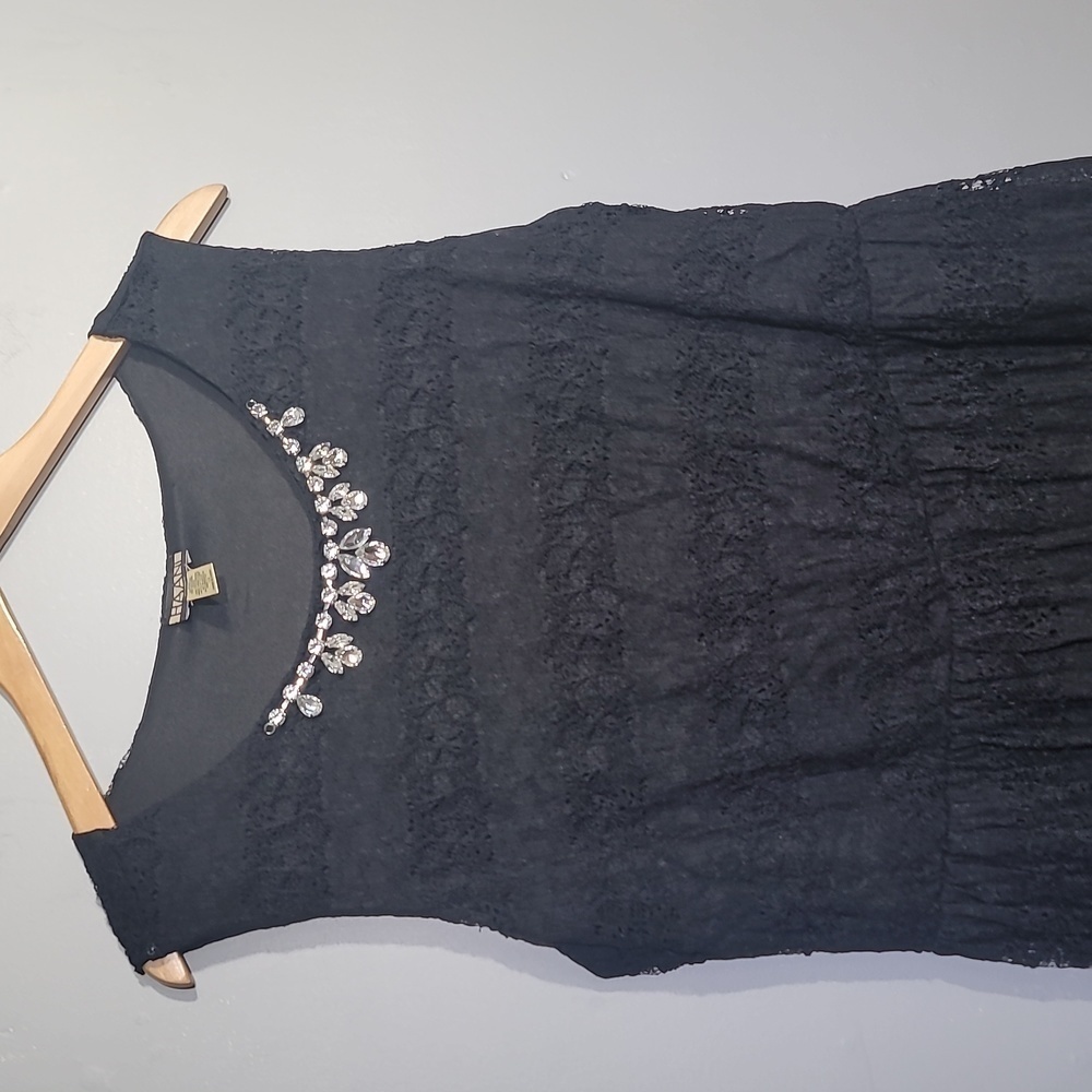 HAANI Crochet Jewel Embellished Lace Black Skater Dress